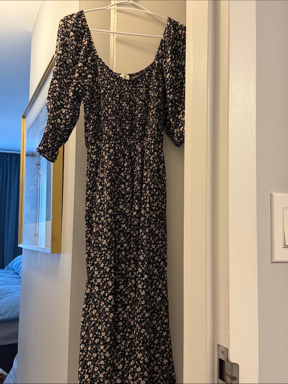 Smocked Black Floral Maxi Dress with Square Neck